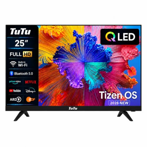 TuTu TU25Q1FQ-T8 Smart TV 25 Pulgadas (64 cm), QLED Full HD Televisor con Tizen OS, Wi-Fi, Bluetooth, App Store, Airplay, Sintonizador Digital, Prime Video, Netflix, Pluto TV y Más