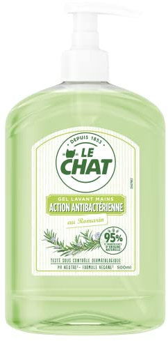 Le Chat - Sapone per le mani - Gel detergente - Rosmarino - Azione antibatterica - Dermatologicamente testato - Formula vegana - PH neutro - 95% di ingredienti di origine naturale - Flacone da 500 ml