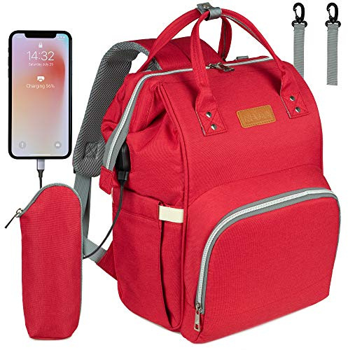 NEVEQ Babyblöjryggsäck, multifunktionell reseskötväska med USB, stor kapacitet med flera funktioner, röd