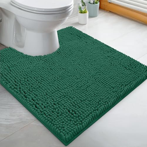 LuxUrux Bath Mat-Extra-Soft Plush Bath Shower Bathroom Rug, 1'' Chenille Microfiber Material, Super Absorbent Shaggy Bath Rug (Hunter Green, U Shaped 50 x 50 cm)
