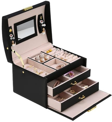 Ejoyous Portagioielli in Pelle PU con 3 Strati e 2 Cassetti, Cofanetto Organizzatore per Orecchini Anelli Bracciali - Valigetta Porta Gioielli Multifunzionale