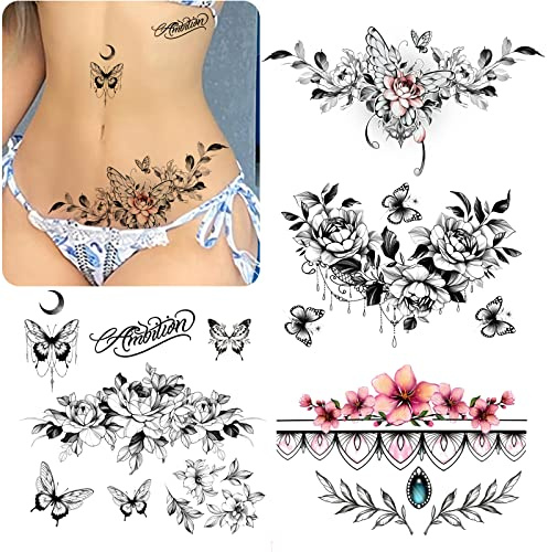 ROARHOWL sexiga tillfälliga tatueringar för kvinnor, sexiga tatueringar, vackra och utsökta, 3D-realistiska blommor, fjärilar, mage, bröst, midja och rygg applicerar falska tatueringar för tjejer (Art 3)