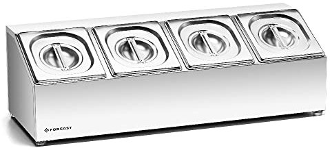 Forgast Espositore Gastronorm per 4 Contenitori GN 1/6 (Inclusi) da 10 cm di Profondità con Coperchi, Realizzato in Acciaio Inossidabile, Distributore Espositore Per Ingredienti, Piedini Antiscivolo