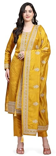 TRENDMALLS Women's Vichitra Silk Kurta Pant Suit Set (UKTM.G142-Yellow-M)