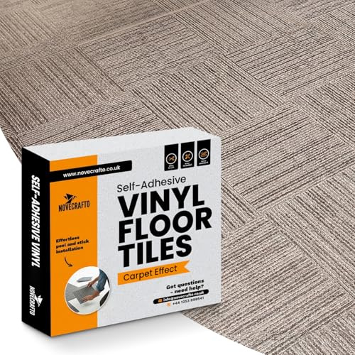 NOVECRAFTO Vinyl Floor Tiles Self-Adhesive – 30 Pack, 30 x 30cm (2.79m² Coverage) Carpet Effect Peel & Stick Floor Tiles – Easy to Clean Durable Vinyl Flooring for Kitchen, Living Room & Office(Beige)