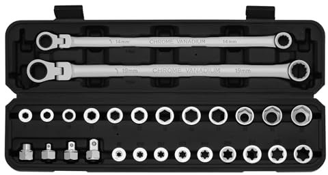 EMENTOL 27PCS Extra Long Flex Head Ratcheting Wrench Set, CR-V, Double Box End Ratchet Wrench Set with 8mm - 22mm, E8 - E22, 1/4, 3/8, 1/2 Socket Adapters Replacement Heads