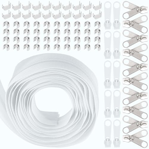 Swpeet Rouleau de Fermeture Éclair en Nylon Blanc #5 de 10 Yards Avec 20 Curseurs Assortis - Kit de Rechange Sans Fin Avec Double Curseur Simple