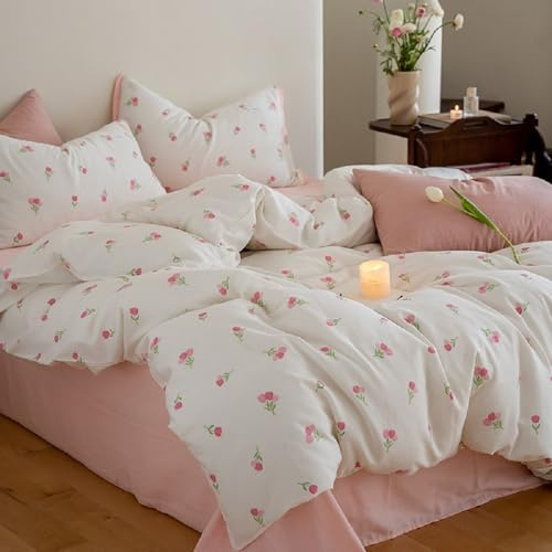 Sedefen Housse de Couette 220x240 Blanc Rose Tulipes Feuilles Fleurs Ado Adultes Parure de Lit 2 Personnes avec Fermeture Éclair Housse Couette en Microfibre avec 2 Taies d'oreiller 65x65 cm