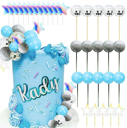 JeVenis topper per torta con palla da discoteca blu topper per torta regina danzante decorazioni per torte anni '80 palline per torta blu argento decorazioni per torte blu topper per torte palla disco
