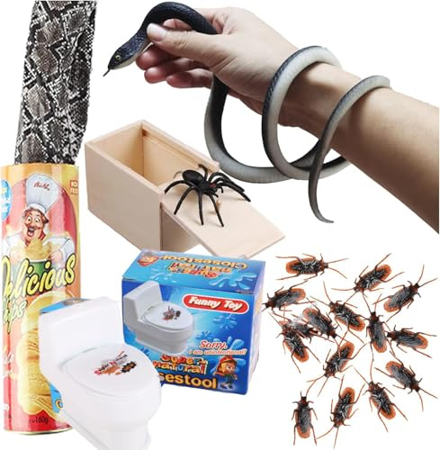 JIMITOP Prank Kit Funny Gag Gifts, Realistic Rubber Snakes Fake Roaches Surprise Spider Box Farce et Attrape for April Fools Day Halloween Party Faux Caca
