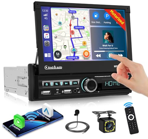 Hikity Radio de Coche 1 DIN Wireless Carplay Android Auto, Pantalla Motorizada de 7 Pulgadas, Bluetooth Manos Libres, Mirror Link, FM Autoradio con Control del Volante, Cámara de Visión Trasera