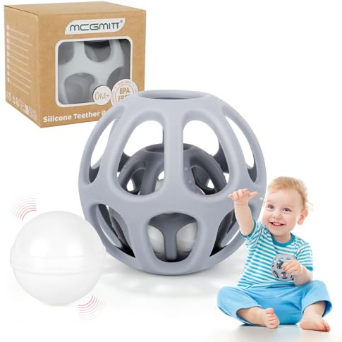 MCGMITT Mordedor Bebé Sonajero y Texturas Sensoriales - Silicona Alimentaria sin BPA, Juguete de Dentición +3 Meses Suave y Fácil de Agarrar, Alivio para las Encías Regalos para Recién Nacidos - Gris