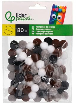Pompons de bricolage colorés Liderpapel 1,5 cm nuances neutres sachet de 80 pièces.