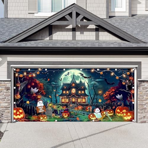 Luminora 1 pièce de 4,9 x 2,1 m vert lune château d'horreur Halloween porte de garage bannière décoration maison hantée fantôme zombie crâne feuille d'érable toile de fond couverture extérieur