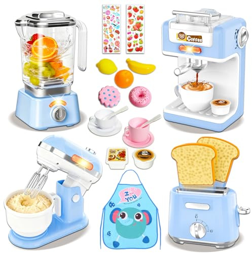 Elettrodomestici Cucina Giocattolo Bambini, Cucina Toys con Luci e Suoni, Macchina Caffè, Frullatore, Tostapane, Sbattitore, Cibo Giocattolo, Grembiule per Bambini 3+ Anni