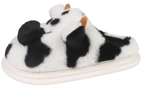 Parejas de hombres y mujeres, calcetines de pelo corto planos para el hogar, invierno, punta redonda, manténgase cálido, chanclas de vaca con manchas, Negro , 37