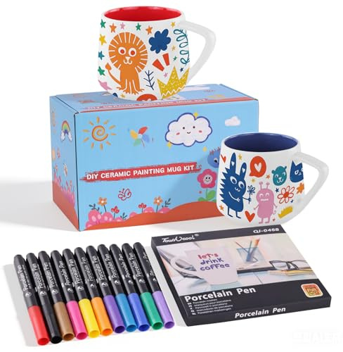 JaMalign Set di tazze in ceramica, 2 x 400 ml, tazze in porcellana da personalizzare con 12 matite in porcellana, lavabili in lavastoviglie, regalo creativo fai da te per adulti e coppie