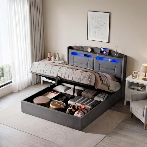 BPKADHY Sängklädsel, 140 x 190 med LED, dubbelsäng med förvaringsutrymme och USB-sänggavel, hydraulisk förvaringssäng, ungdomssäng, sängram med sänglåda och ribbotten, linne, ljusgrå, utan madrass