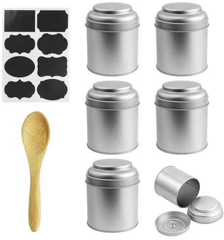 6 stycken teburksbehållare för löst te med lufttäta dubbellock, 50 g rund plåtburkslåda, små köksbehållare för förvaring av te, kaffe, socker, örter och kryddor, silver