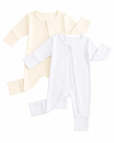 JiAmy Babypyjamas av bambufiber, 2-pack, unisex sparkbyxor 0–24 månader med 2-vägs dragkedja, vikbara vantar och fötter, andas och är lätt