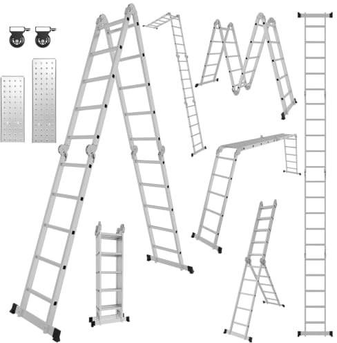 Monucep Échelle multifonction 4 x 5 marches, 582 cm, 7 en 1, en aluminium, jusqu'à 150 kg, avec 2 plateformes, échelle pliante, échelle articulée, échelle polyvalente