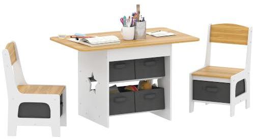 AIYAPLAY Kids Table and Chair Set 6 Removable Drawers Ages 3-8 Natural Wood | Toddler Table and 2 Chairs Set, Boys Girls, Classroom, Daycares, Homes, Learning, Drawing, Dining
