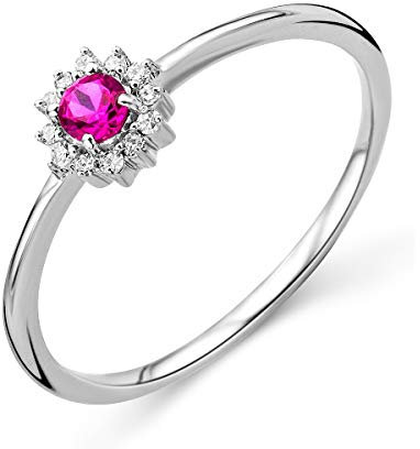 MIORE Anello Donna Oro Bianco 9KT 375. Anello con Rubino Centrale e Contorno di Diamanti Naturali. Anello Fidanzamento. Gioielli Donna Anallergici. Scatola Portagioie