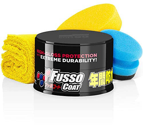 detailmate Soft99 New Fusso Coat 12 Months Cera dura para coche 200 g, para pinturas oscuras o negras, paño de microfibra de pelo largo y 2 guantes protectores de nitrilo de pelo largo