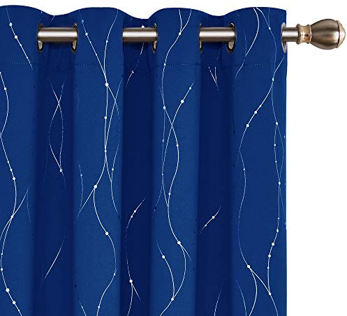 Deconovo Bedroom Curtains Dotted Line Foil Printed Thermal Insulated Window Treatment Eyelet Blackout Curtains for Livingroom Blue W52 x L95 2 Panels
