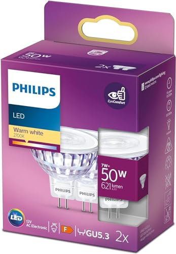 PHILIPS Faretti LED 7W-50W, GU5.3, MR16 bianco caldo, confezione da 2
