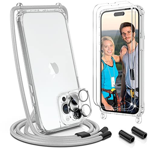 UYMO Handykette Hülle mit Band Für iPhone 14 Pro Max 6.7 - mit 2 Stück Schutzfolie & kameraschutz, Necklace Transparent Handyhülle Case mit Schnur Abnehmbar, Schutzhülle zum Umhängen Kordel, Grau