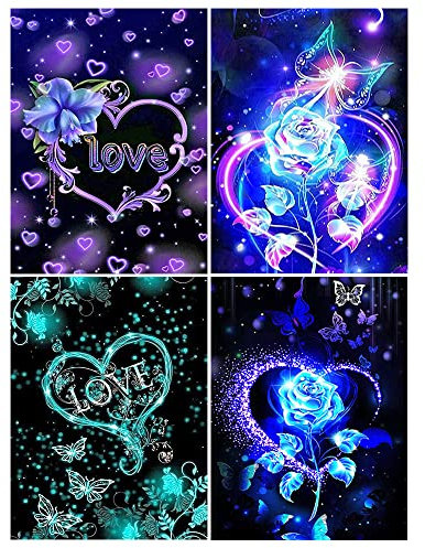 DCIDBEI 30 x 40CM 4er Set Diamond Painting Rund, Diamant Malerei Liebe, Leinwand Diamant Bilder Herz für Erwachsene, Kristall Handwerk Inneneinrichtung Kinder || Blumen Fluoreszenz
