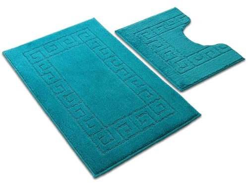 Ambience Products Juego de 2 alfombrillas de baño con patrón de llave griega, antideslizantes, suaves, lavables, de secado rápido, absorbentes de agua, para ducha y pedestal (color verde azulado)