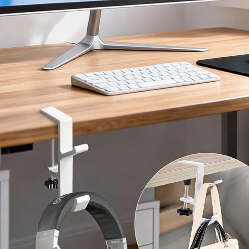 CaLeQi Desk Mount Bag Holder Hook Clamp, Bag Hook 1 Pcs-Double Hook White | Portable Purse Hook for Table, Reduce Desk Clutter, Desk Mount Headphones Holder, Backpack Hanger, Table Hanging Storage
