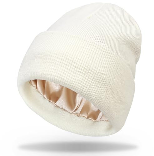 LINSOCLE Strickmütze mit Umschlag, Mütze mit Satinfutter,Satin Mütze Wintermütze für Damen und Herren Warme Beanie Haube(DE/NL/SE/PL, Alphanumerisch, Einheitsgröße, Weiß)