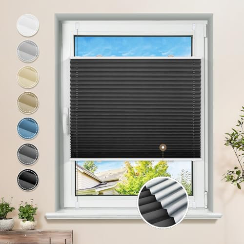 Plissee ohne Bohren Verdunkelung Klemmfix Schwarz 90x110cm Thermo Plissees 100% Verdunklung Rollos für Fenster & Tür Verdunklungsplissee ohne Bohren Sichtschutz und Sonnenschutz