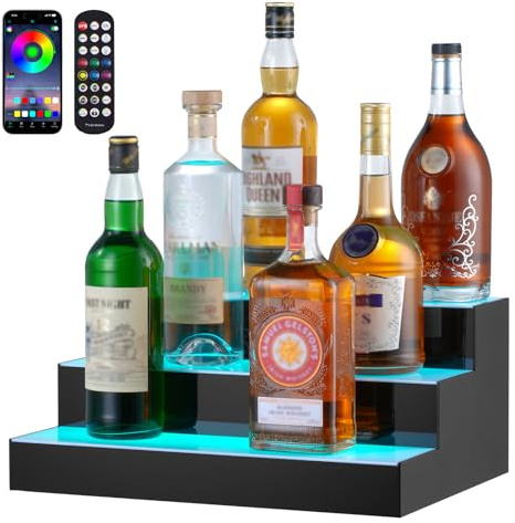 VEVOR Estante de Exhibición Comercial de Botellas de Licor Iluminado con LED, 3 Niveles, Estantes Acrílicos Bebidas con Control Remoto RF y Aplicación e Iluminación Multicolor, 400 x 300 x 177 ± 5 mm