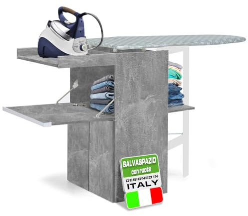 Shally Dogan Mobile Asse da Stiro a Scomparsa Salvaspazio Richiudibile, Mobiletto Pieghevole Telaio in Legno per Stiratura Veloce, 4 Ruote per Spostamento, Ideale Lavanderia, Bagno (Cemento)