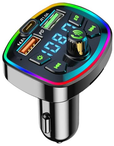 Trasmettitore FM Bluetooth per Auto, Accessori Aux[PD18W+4.8A] mp3 Lettore Musicale per Auto, Chiamata Vivavoce, Accendisigari Bluetooth 5.0 Musica,con 2 porte USB e 1 Type-c