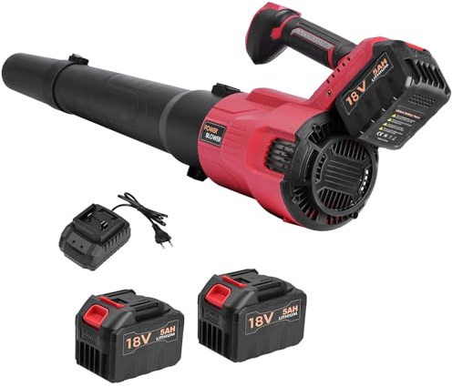 Soffiatore a Batteria, Soffiatore per Foglie con 2 Batterie da 5.0Ah, 2 Velocità Fino a 42 m/s, Polvere e Neve,Ideale per Giardino, Cortile e Garage