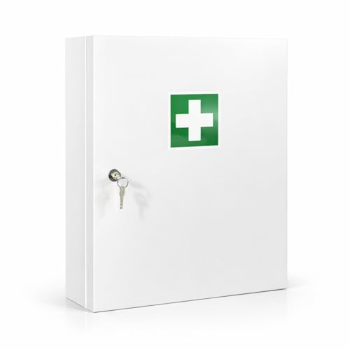 First Aid Products Verbandschrank D – inkl. DIN 13169 :2021 Füllung – Metall, staubgeschützt mit Gummidichtung, 3 Innenfächer + 3 Türablagen - abschließbar - 48,5 x 40 x 20 cm