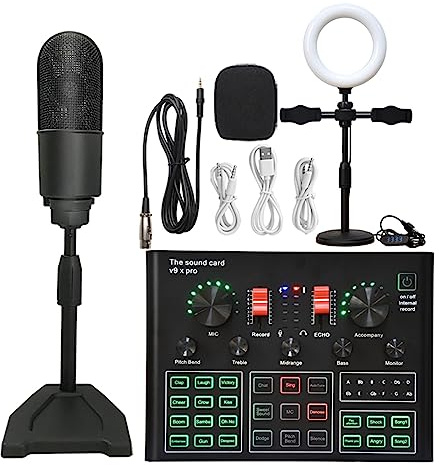 Kit de Carte Son, Ensemble de Microphones à condensateur Studio Professionnel WXH1000 Kit de Micro avec Carte Son en Direct karaoké sans Fil(Black K20 LED)