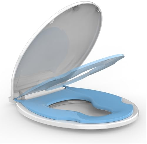 Slow Close Elongated Toilet Seat with Child Seat - Soft Quiet Closing Lid, Toilet Seat Replacement Easy Clean & Quick Install Design, Stain-Resistant PP Material, Universal Fit for Most Toilets, Blue