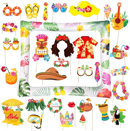 Hawaiian Party Decorations, 30 Photo Booth Props 1 Inflatable Selfie Frame