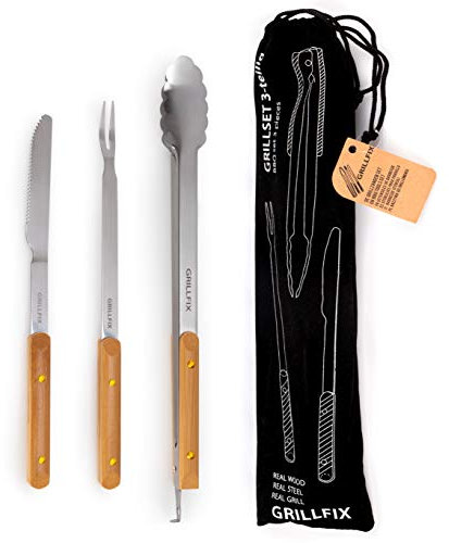 GRILLFIX BBQ Grillbesteck Set extra lang 38cm, aus Edelstahl holzverziert | 3-teilig Geschenkset für Männer und Grillfans, Grillzange Geschenk mit Holzgriff, Fleischgabel, Grillmesser, Geschenkbeutel