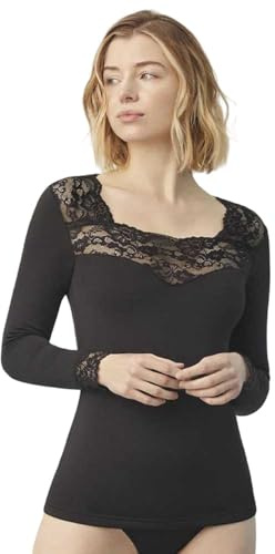 YSABEL MORA Camiseta Térmica para Mujer de Manga Larga y Detalle de Encaje. Ropa Térmica de Chica para Invierno y Frío Extremo. Térmico Interior para Deporte y Nieve. Color Negro. Talla L.