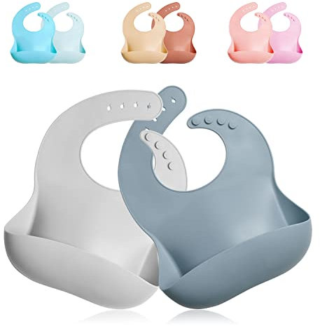 GODR7OY Silikon Baby Lätzchen, BPA Free Wasserdichte Lätzchen, Abwaschbar & Leicht zu Reinigenverstellbar 2PCS 【Blau, Grau, Pink, Natur】 (Grau)
