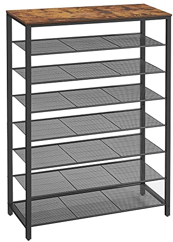 VASAGLE Schuhregal, Schuhablage mit 7 Gitterebenen und großzügiger Oberfläche für Taschen, für den Eingangsbereich, Flur, Metall, Industrie-Design, vintagebraun-schwarz LBS012B01