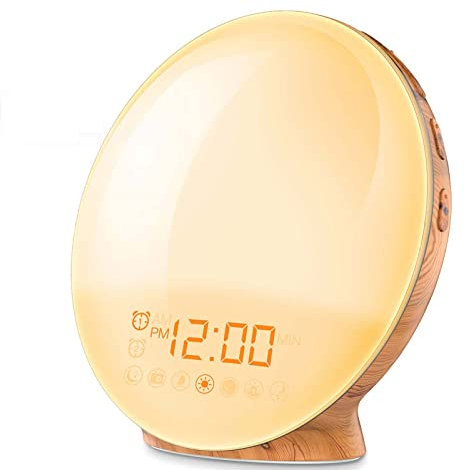 Wake up Light ,Simulazione dell'alba e Tramonto Lampada Radiosveglie da Comodino con FM Radio, 8 Suoni di Allarme 20 Livelli di Luminosità e 7 Colori Luce Notturna di Sveglia per Bambini(Color:B)