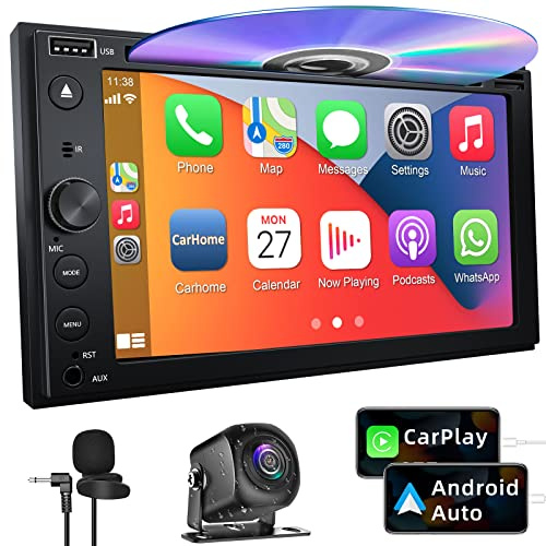 Estéreo de coche de doble DIN con reproductor de CD/DVD Apple Carplay y Android Auto, radio de coche de 7 pulgadas con Bluetooth y cámara de respaldo, pantalla táctil, enlace de espejo, control del